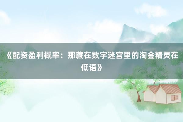 《配资盈利概率：那藏在数字迷宫里的淘金精灵在低语》