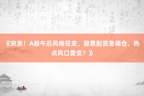 《突发！A股午后风格狂变，股票配资急调仓，热点风口要变？》